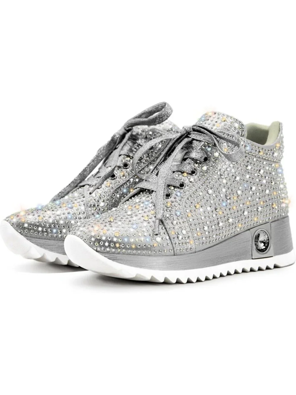 Women's Silver Glitter Sparkly Rhinestone High Top Trendy Sequin Fashion Sneaker
